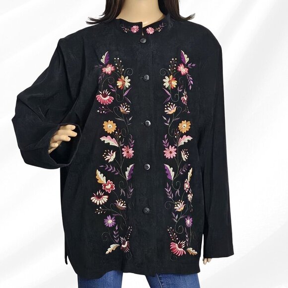 Susan Graver Tops - 2/$50 Susan Graver Black Embroidered Floral Top 2X Padded Shoulders